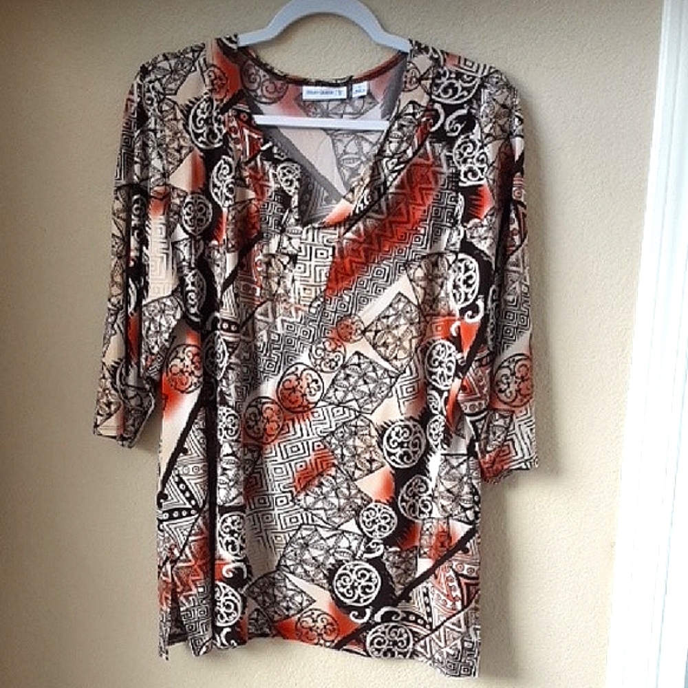Susan Graver Burnt Orange Black Graphic 3/4 Sleeve Blouse Large V Neck Modern